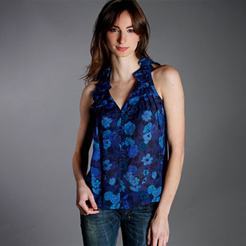 YAYA AFLALO Viola Indigo Silk Floral‎ Print Ruffled Sleeveless Blouse Top Sz M